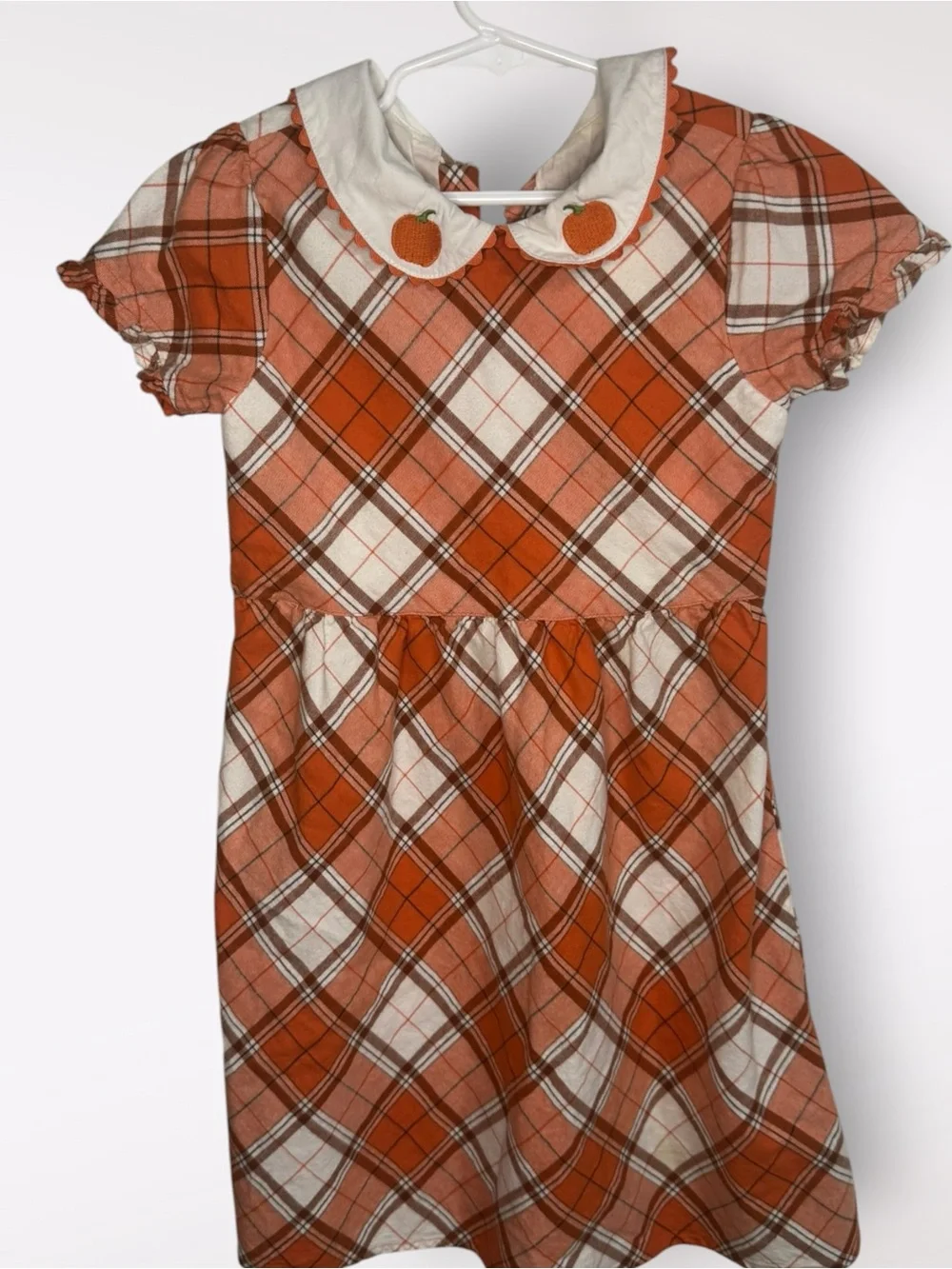 Girls Autumn Pumpkin Plaid Dress with Embroidered Collar